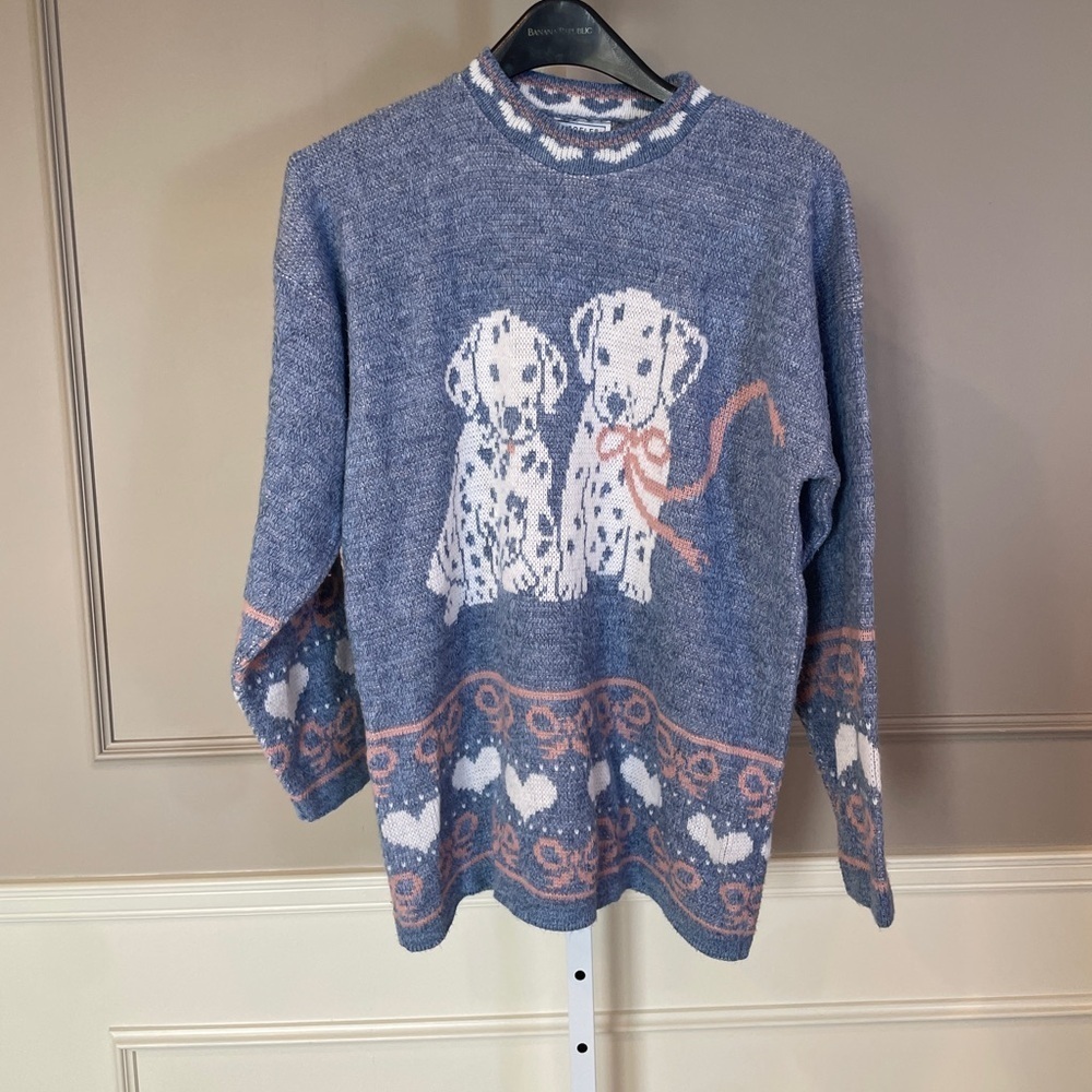Vintage Adele Knitwear Sweater XL Dalmation Dogs Blue Bows Hearts EUC Pastel